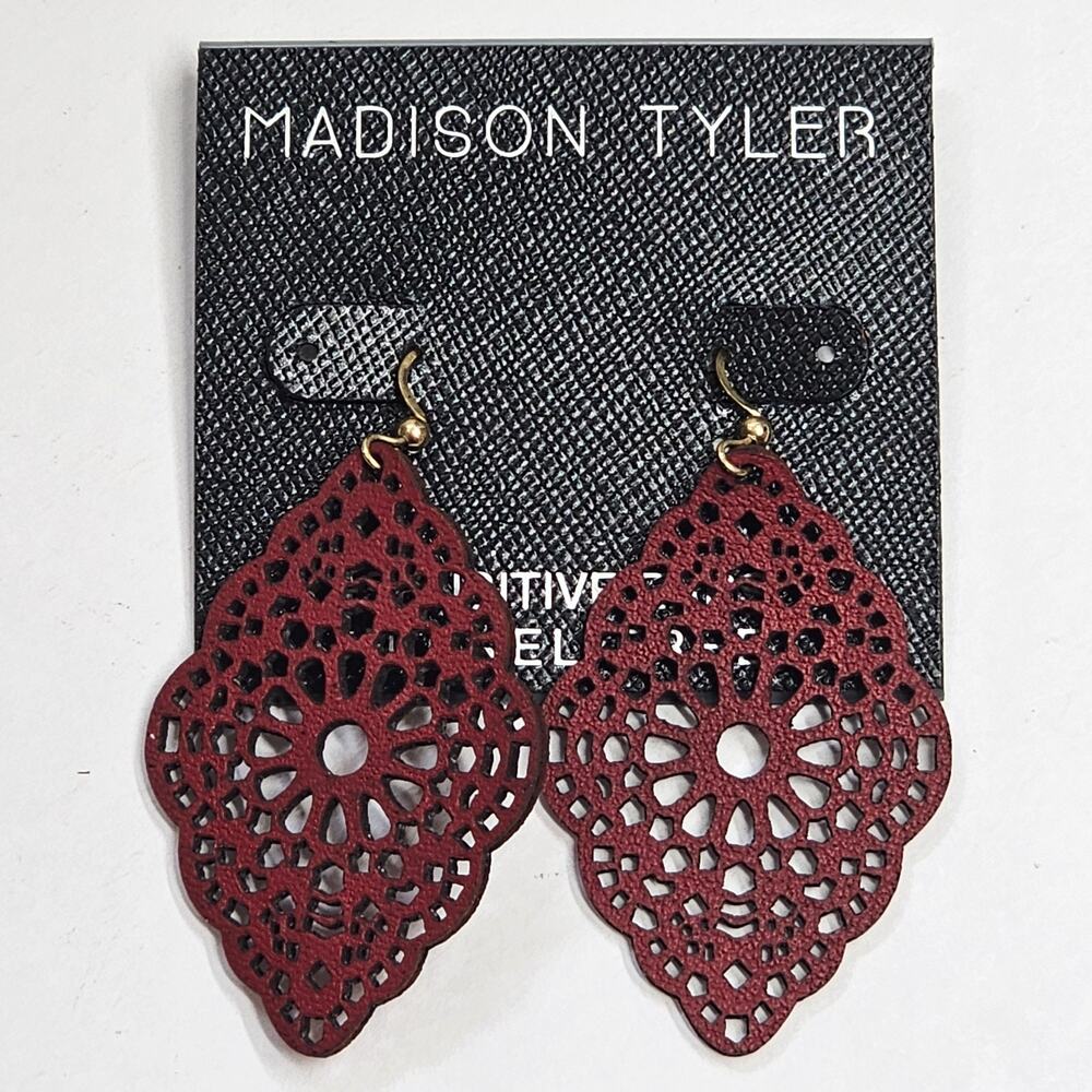 Madison Tyler Burgundy Red Faux Leather Drop Earrings Sensitive Nickel Free NEW